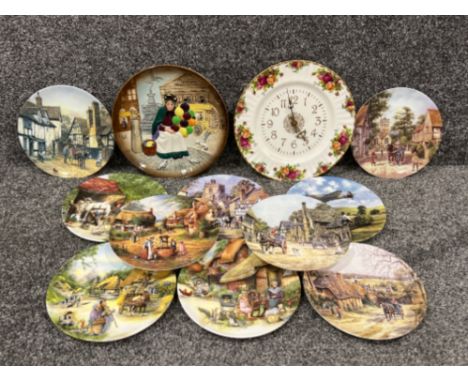 12 various wall plates including Royal Doulton “balloon seller” and Royal Albert “old country roses” wall clock