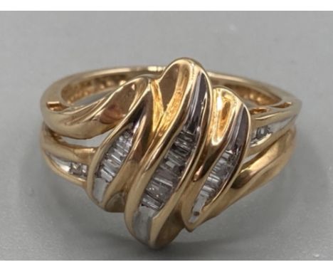 Ladies 9ct yellow gold baguette cut diamond ornate ring size N 3.5g gross