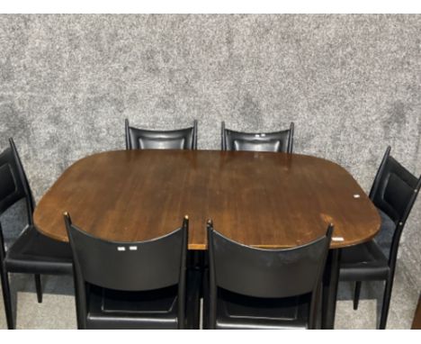 Vintage G-plan dining table and 6 black leather chairs and extra leaf