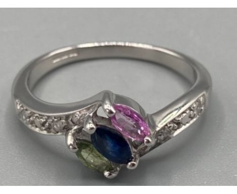 Ladies 9ct white gold diamond and coloured stone ring size N 2.9g gross