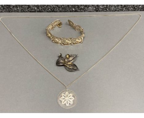 Silver filigree flower brooch and pendant with chain, also includes white metal bracelet (same design)