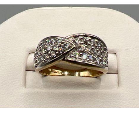 9ct gold pave set white stone thick band ring. Size N (4.7g)