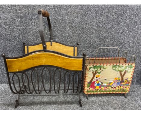 Large metal magazine rack with wooden handle &amp; 2 panels, plus one other vintage mag-rack