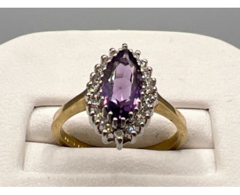 Ladies 9ct gold Amethyst and diamond marquise cluster ring. Size L (2.4g)