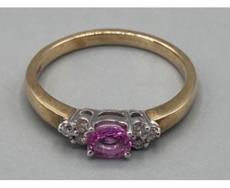 Ladies 9ct yellow gold pink sapphire and diamond ring size O 2.4g gross