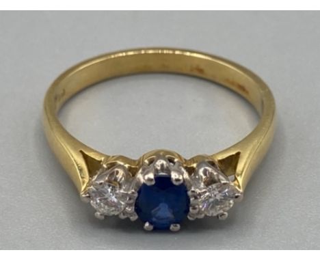 Ladies 18ct yellow gold sapphire and diamond three stone ring size M 2.9g gross