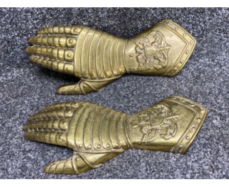 2 vintage solid brass double headed Phoenix armoured gauntlet’s - hanging ornaments - 30x12cm