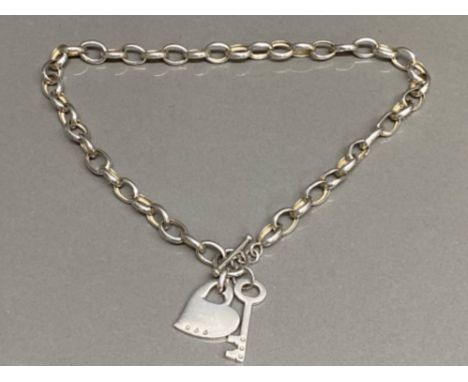 Silver belcher chain with 2 silver pendants (key to my heart) each pendant containing 3x small diamonds, 34.4g