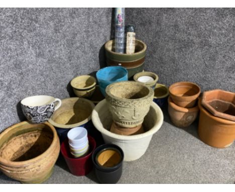 Large quantity of miscellaneous plant pots, includes ceramic, terracotta, stone