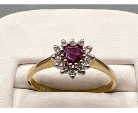 Vintage 9ct gold heart shaped Ruby and diamond cluster ring. Size N (1.5g)