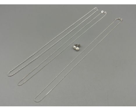 3 brand new ex display silver necklaces and pair of silver pearl stud earrings