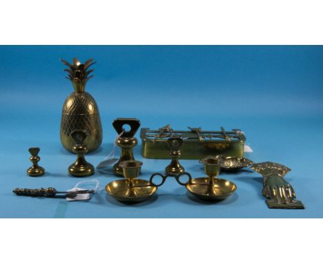 A Collection of Antique Brass Items ( 15 ) In Total. Comprises Set of Weights, Pineapple Shaped Jar, Set of Fireplace Tools, 