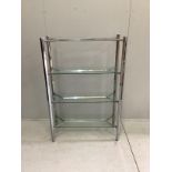 A contemporary chrome and glass three tier shelf unit, width 99cm, depth 38cm, height 147cm***