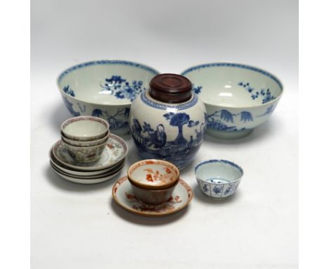 A group of 18th century Chinese and Japanese porcelain including blue and white bowls and jar with hardwood cover, largest 19