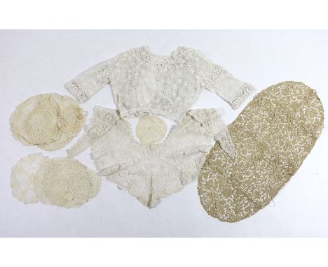 An Edwardian handmade Irish crocheted ladies blouse (small size), a Brussels hand bobbin lace Bertha with Point de Gaze inser