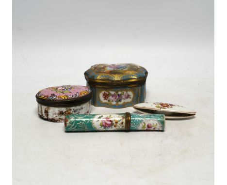 A South Staffordshire enamel bodkin case, 9cm wide, and three other enamel items; a patch box, thread holder and needle case*