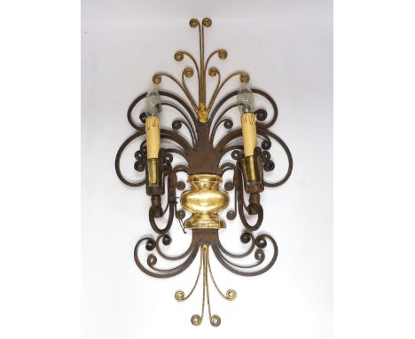 A Maison Bagues wrought iron and glass wall light, 50cm high***CONDITION REPORT***PLEASE NOTE:- Prospective buyers are strong