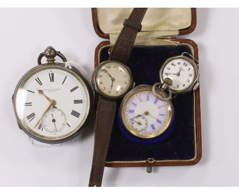A late Victorian silver open face pocket watch, retailed by Kendall &amp; Dent, a cased Swiss 935 standard white metal fob wa