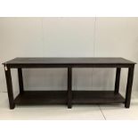 A stained pine rectangular draper's table, width 240cm, depth 67cm, height 92cm***CONDITION