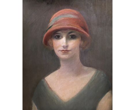 Oil on board, possibly Danish, Head and shoulders portrait of an Art Deco woman, 59 x 50cm***CONDITION REPORT***PLEASE NOTE:-