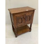 A small 18th century style oak side cabinet, width 60cm, depth 34cm, height 76cm***CONDITION