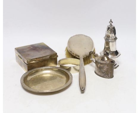Sundry silver including a mounted hair brush, cigarette box, small dish, bangle, caster and mustard.***CONDITION REPORT***PLE