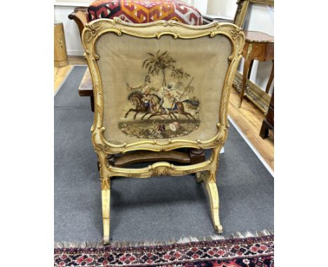 A Victorian cream painted firescreen with tapestry banner, width 74cm, height 115cm***CONDITION REPORT***PLEASE NOTE:- Prospe