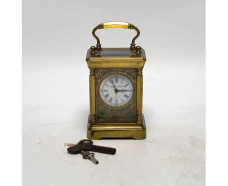 A miniature French brass carriage clock, with champlevé enamel panels, face signed Elliott &amp; Son, London, 8.5cm***CONDITI