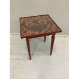 A painted square occasional table with embossed leather panelled top, width 42cm, height 48cm***