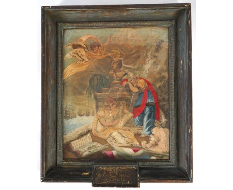 Lord Nelson interest: a gilt framed Regency silk worked embroidery, commemorating the life of Lord Nelson and his tragic deat