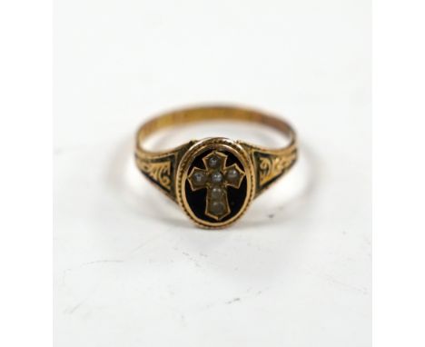 A Victorian 15ct  gold black enamel and seed pearl set mourning ring, size Q, gross weight 2.3 grams.***CONDITION REPORT***PL