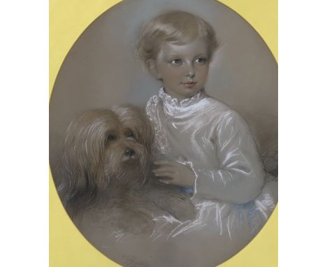 19th century English School, pastel drawing, Family portrait of child and dog, oval, indistinctly signed and dated 1876, 54 x