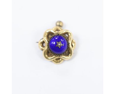 A Victorian yellow metal, enamel and seed pearl set drop brooch, 25mm, gross weight 3 grams.***CONDITION REPORT***PLEASE NOTE