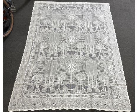A set of three C.F.A. Voysey design “The Stag”, machine made, cotton lace curtains manufactured by Rose’s Mill Ltd, Ayrshire,