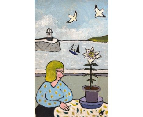 Joan Gilchrest (1918-2008) oil on board, 'Seated woman before a coastal view', monogrammed, 18 x 12cm***CONDITION REPORT***Ar