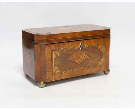 An early 19th century shell inlaid cross banded mahogany tea caddy, 26cm wide***CONDITION REPORT***PLEASE NOTE:- Prospective 