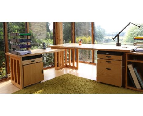 Heal's large corner office desk in ash, made up of two sections, with filing drawers beneath, Heals badge to inner drawers, o