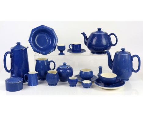 Moorcroft pottery, quantity of items in powder blue to include three teapots, the largest h23cm, three different sugar bowls 