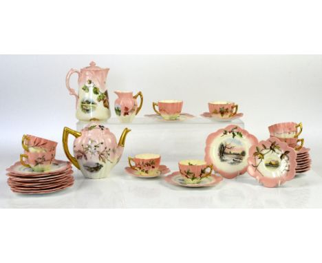 Foley part tea service including teapot, h16cm, jug with cover, h17cm, cups, saucers and cake plates, in pale pink with gilde