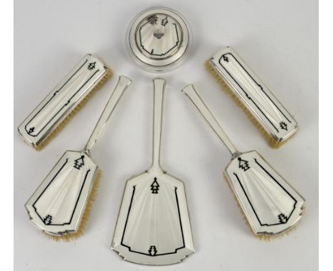 Art Deco hallmarked silver and white guilloche enamel six piece dressing table set, comprising hand mirror, four brushes and 