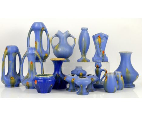 Belgium Pottery, Thulin Faiencerie, two vases in cobalt with ochre drip glaze and orange spots, and a collection of light blu