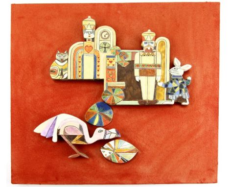 Anne Plant (b.1934) ceramic sculpture Alice in Wonderland croquet scene, mounted on board, board measures 56cm x 61cm        