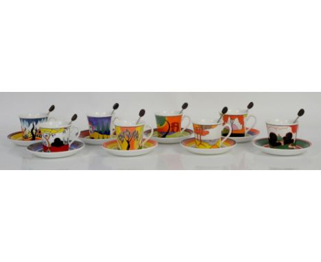 Wedgwood Clarice Cliff Limited edition ceramics; 8 Cafe Noir coffee sets comprising cup, h5.5cm, saucer and spoon with bean f