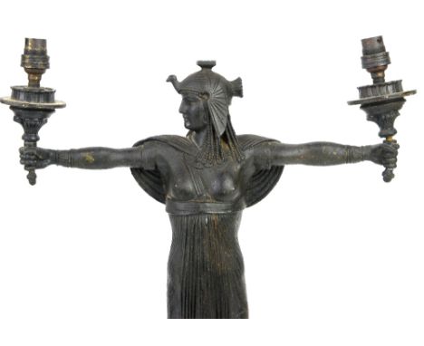 Art Deco Egyptian revival pair of figural cast metal table lamps, of female form wearing royal headdresses with arms outstret