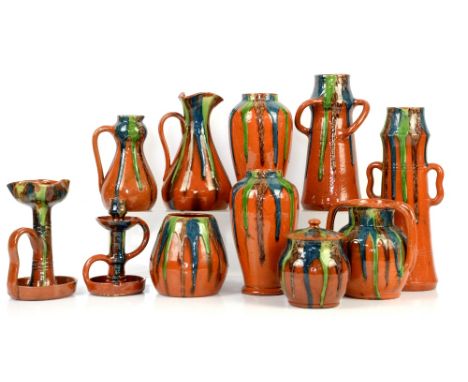 Belgium Pottery, clear glaze over terracotta with blue green and brown drip glaze from the upper rim, to include a Christophe