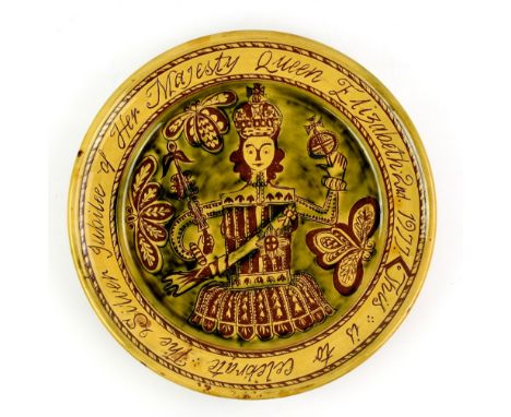 Mary Wondrausch slip decorated pottery charger, 'This is to celebrate The Silver Jubilee of Her Majesty Queen Elizabeth 2nd, 