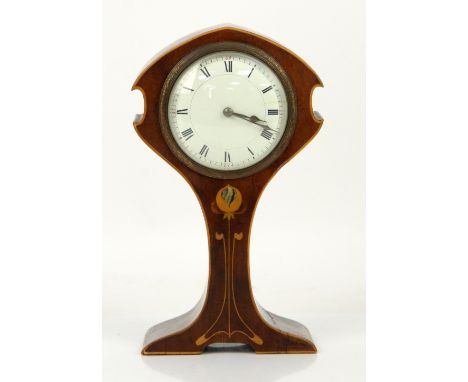 Art Nouveau mahogany mantle clock with a stylised floral motif and satinwood and mother of pearl inlay, h23.5cm         