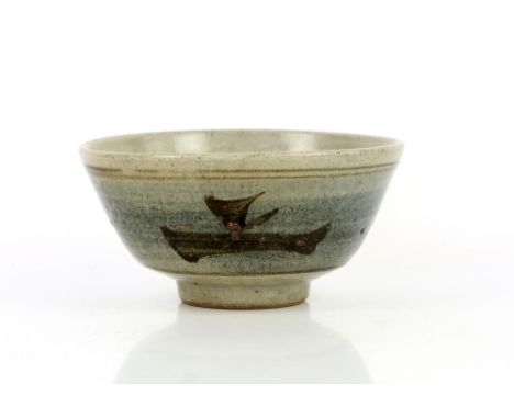 St Ives studio pottery footed bowl, in the manner of Bernard Leach, buff coloured, St Ives impressed mark to base, 22.5cm dia