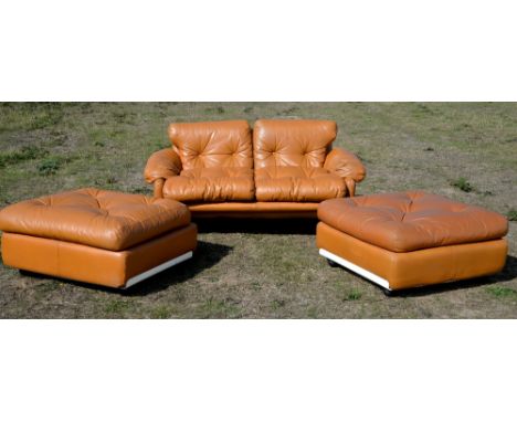 Afra and Tobia Scarpa for C&amp;B Italia, Coronado two seater sofa and two ottomans, in tan leather, the sofa w75 x d90 x h75