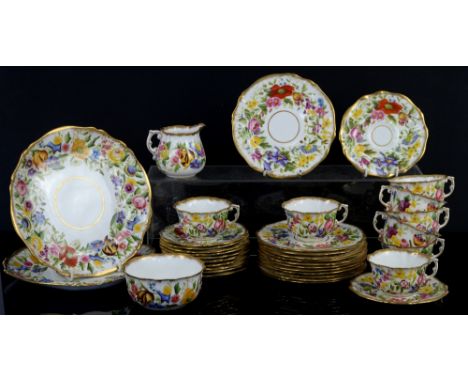 Hammersley floral painted and printed Queen Anne Part tea service No 13166, comprising: two cake plates, 23cm, 12 side plates